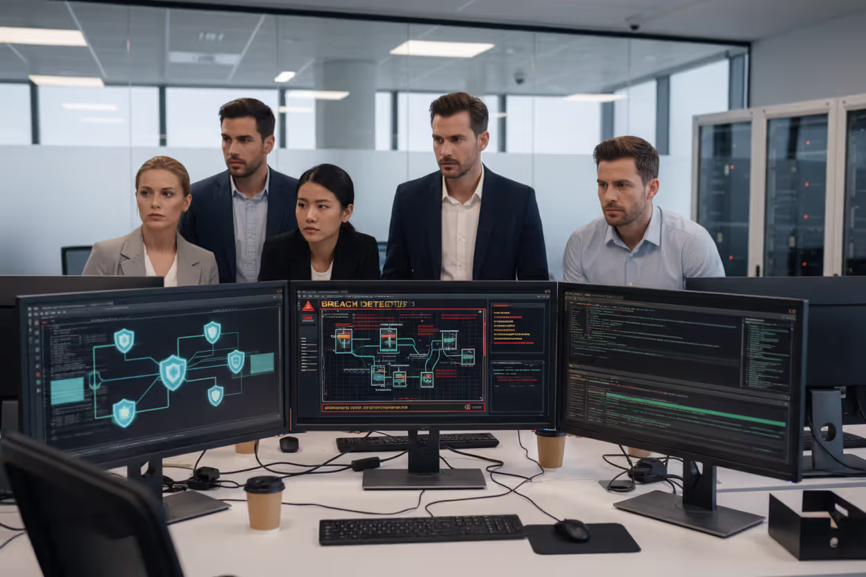 Cybersecurity team responding to a credential breach in an office