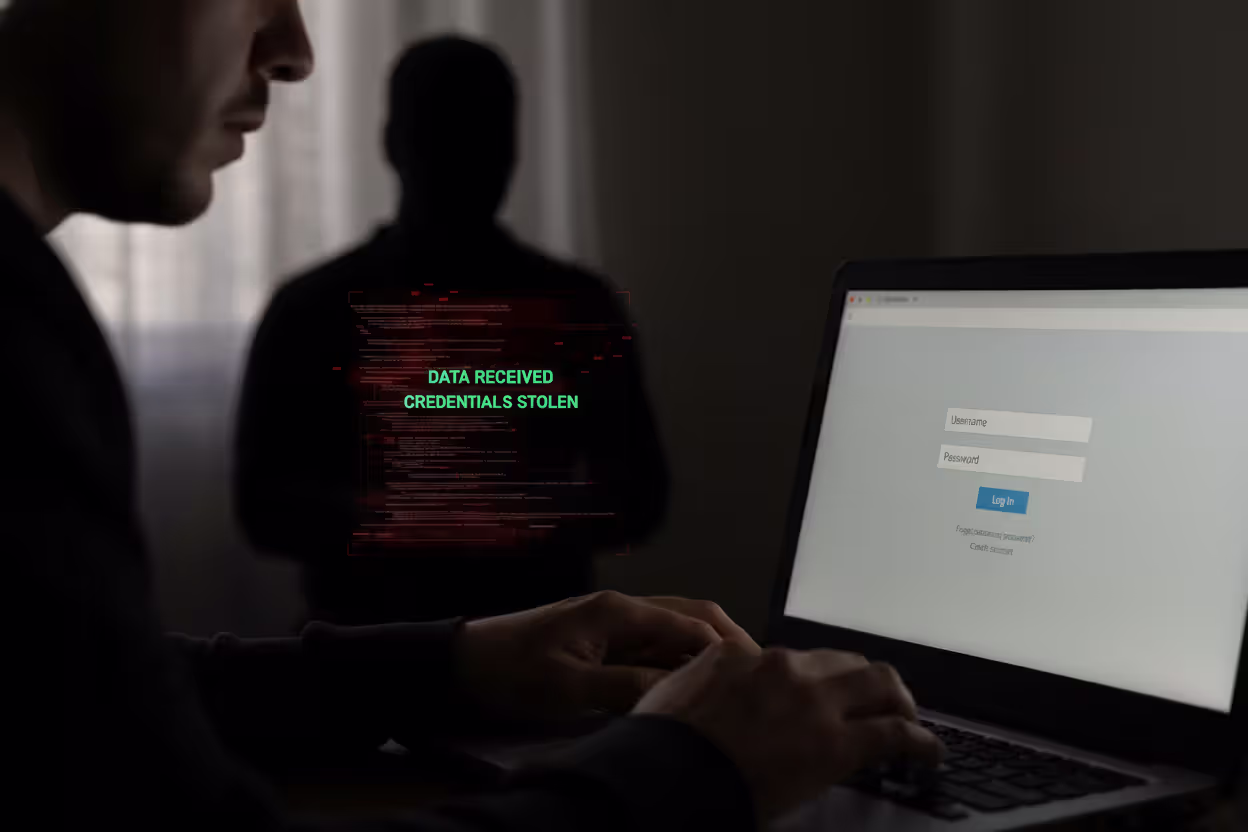 User entering credentials on a fake login page while attacker captures data