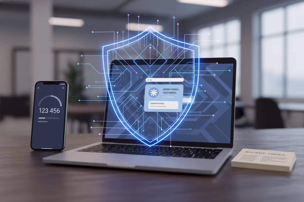 Layered account security setup with authenticator app, backup codes, and password manager
