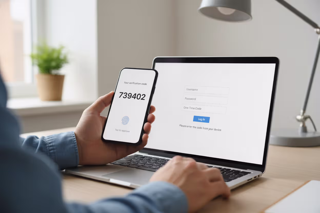 User completing multi-factor authentication with laptop and smartphone