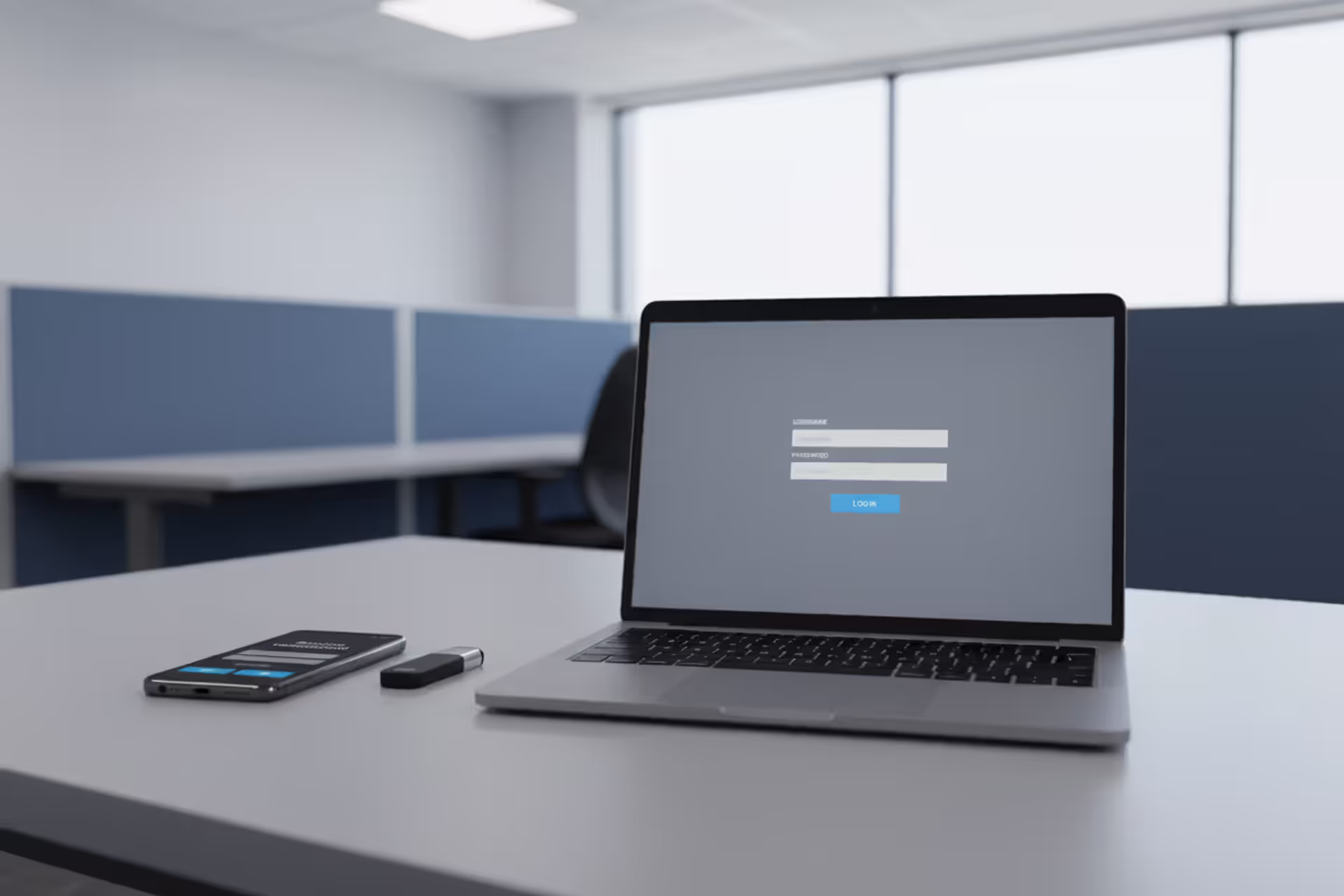 Multi-factor authentication concept with laptop login screen, smartphone verification prompt, and security key