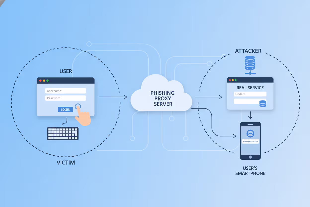 Diagram of real-time MFA phishing with fake login page, proxy server, and MFA code