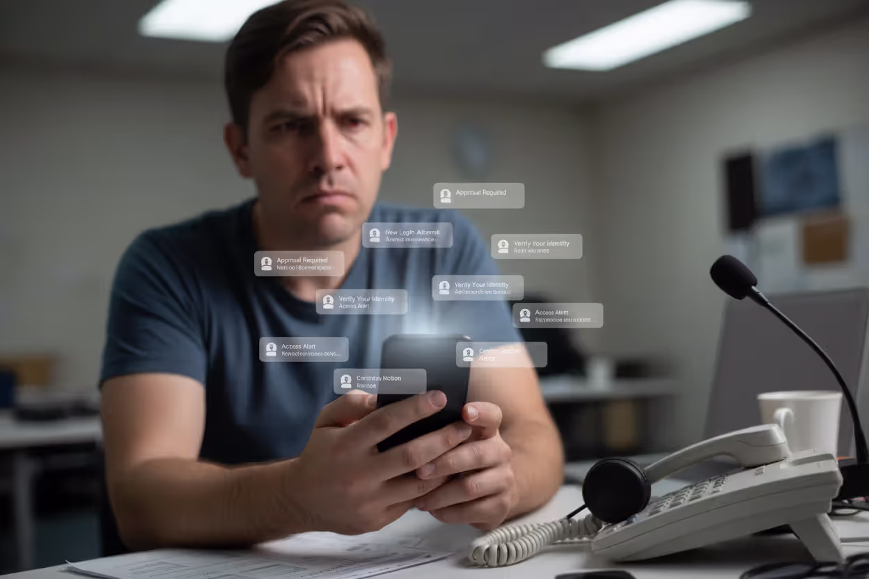 User overwhelmed by repeated MFA push notifications on smartphone