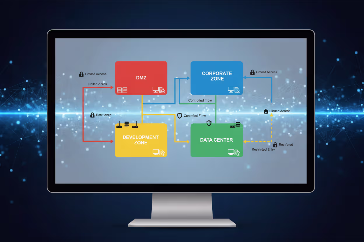 Segmented enterprise network with restricted access between security zones