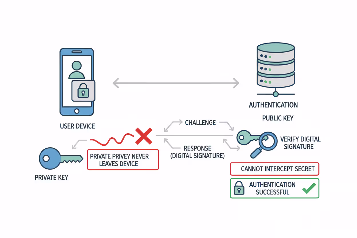 Challenge-response authentication with private key protected on device