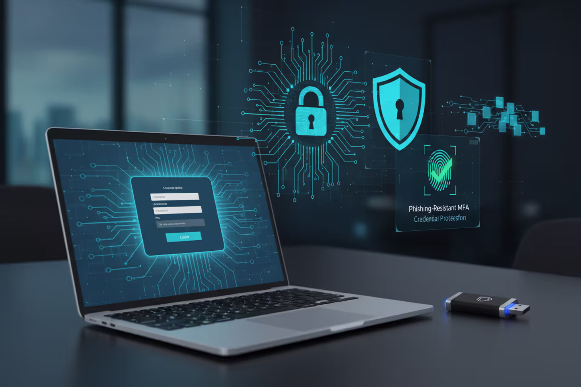 Security key and secure login screen representing phishing-resistant MFA