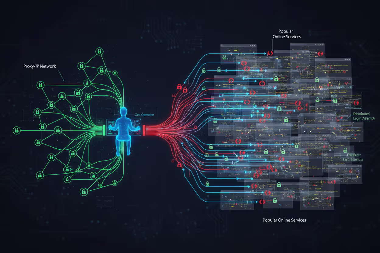 Automated credential stuffing attack distributed across multiple login services