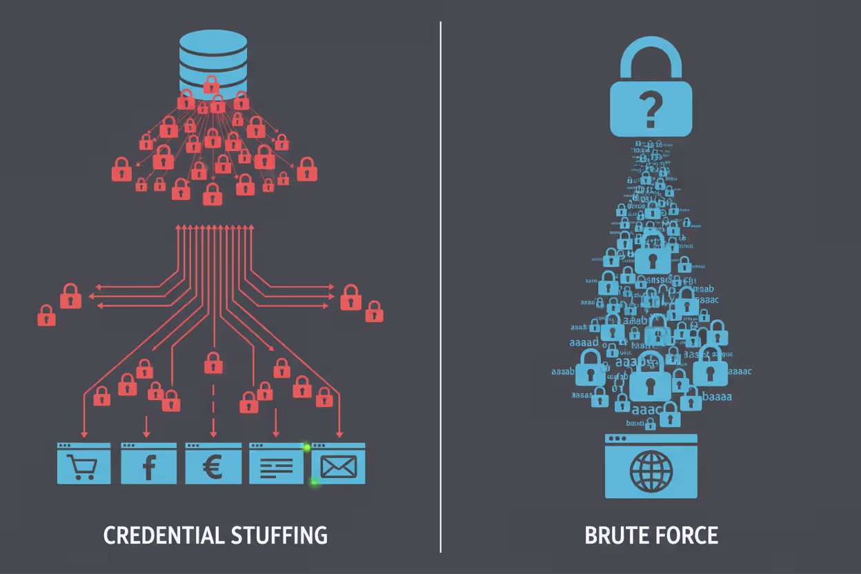 Visual comparison of credential stuffing and brute force attack methods