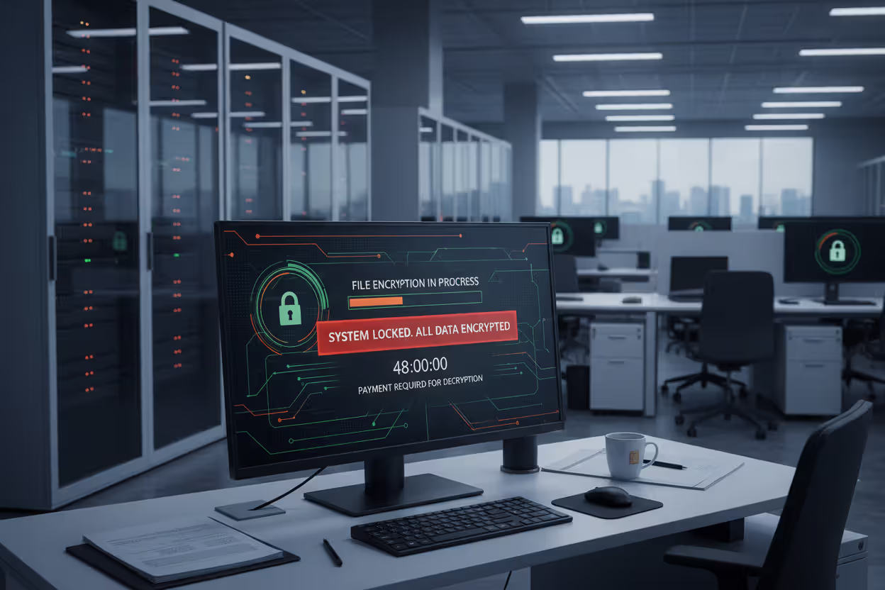 Corporate ransomware attack encrypting files on a workstation