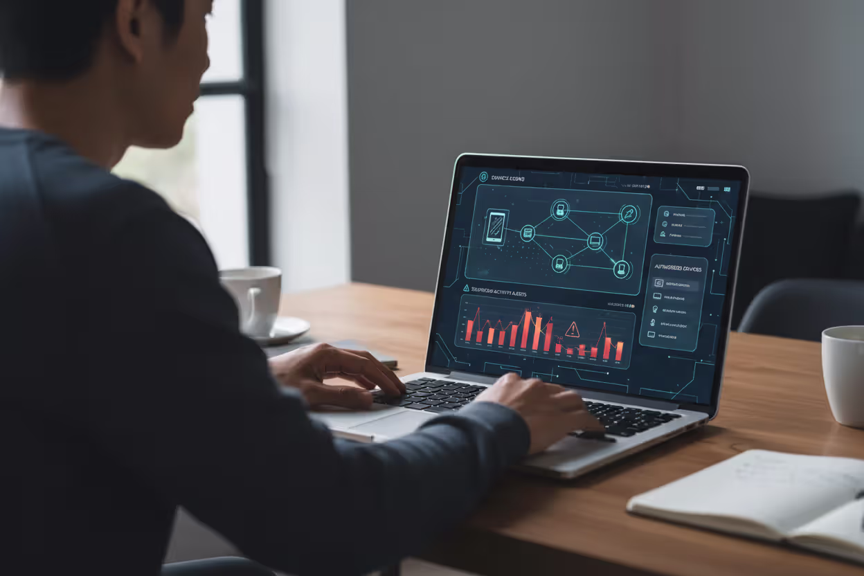 User reviewing account activity logs and suspicious login alerts on a laptop