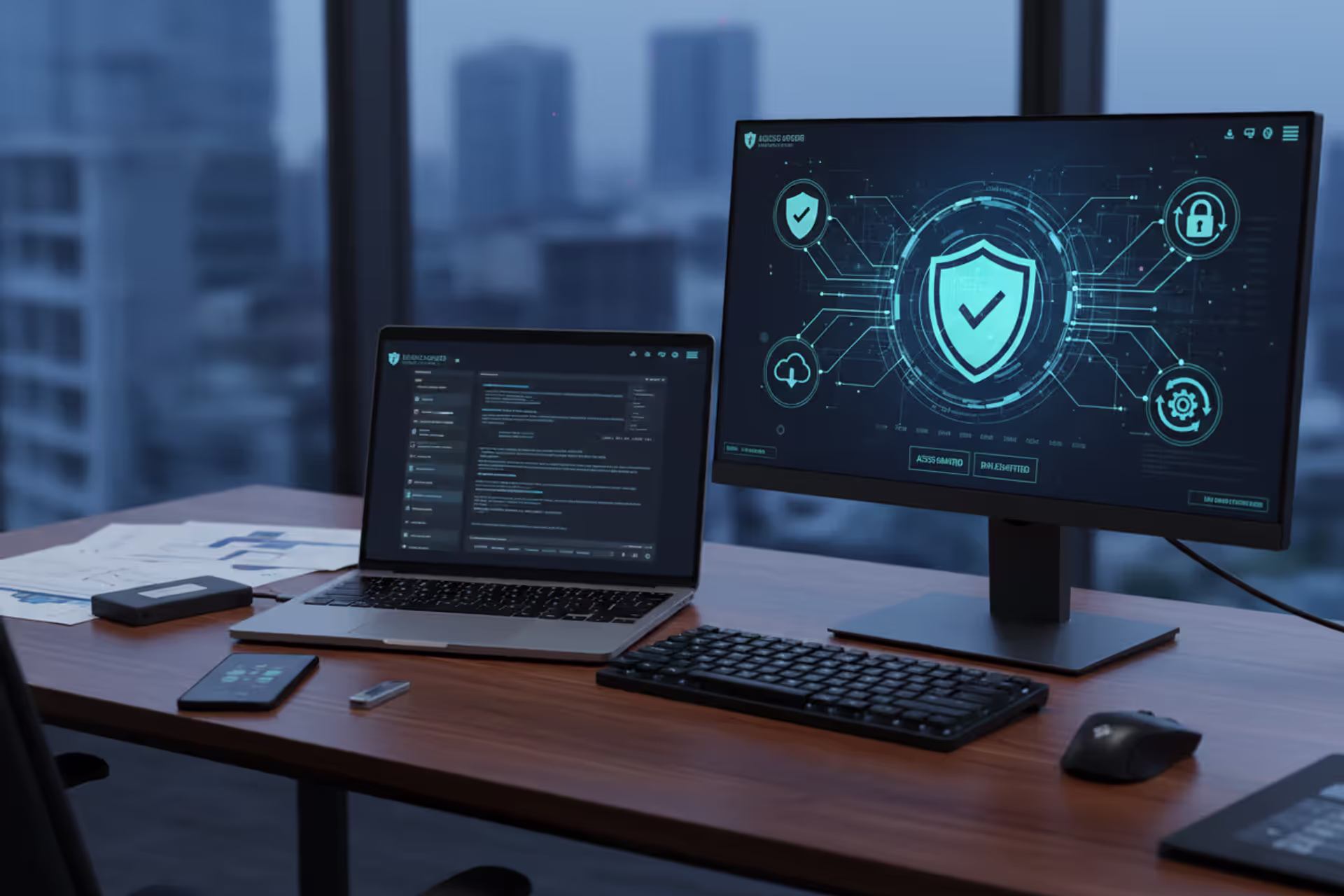Cyber hygiene concept with secure workstation, laptop, security dashboard, smartphone, hardware key, and backup drive