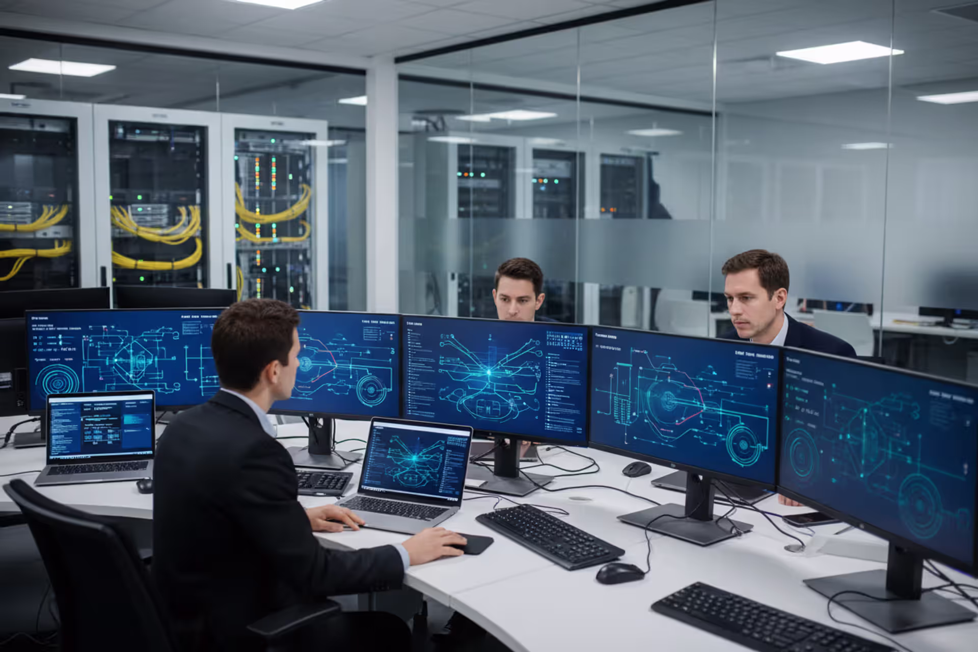 Cybersecurity team analyzing enterprise risk in a modern office