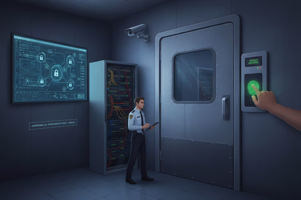 Layered computer security with server room access control and encrypted network protection