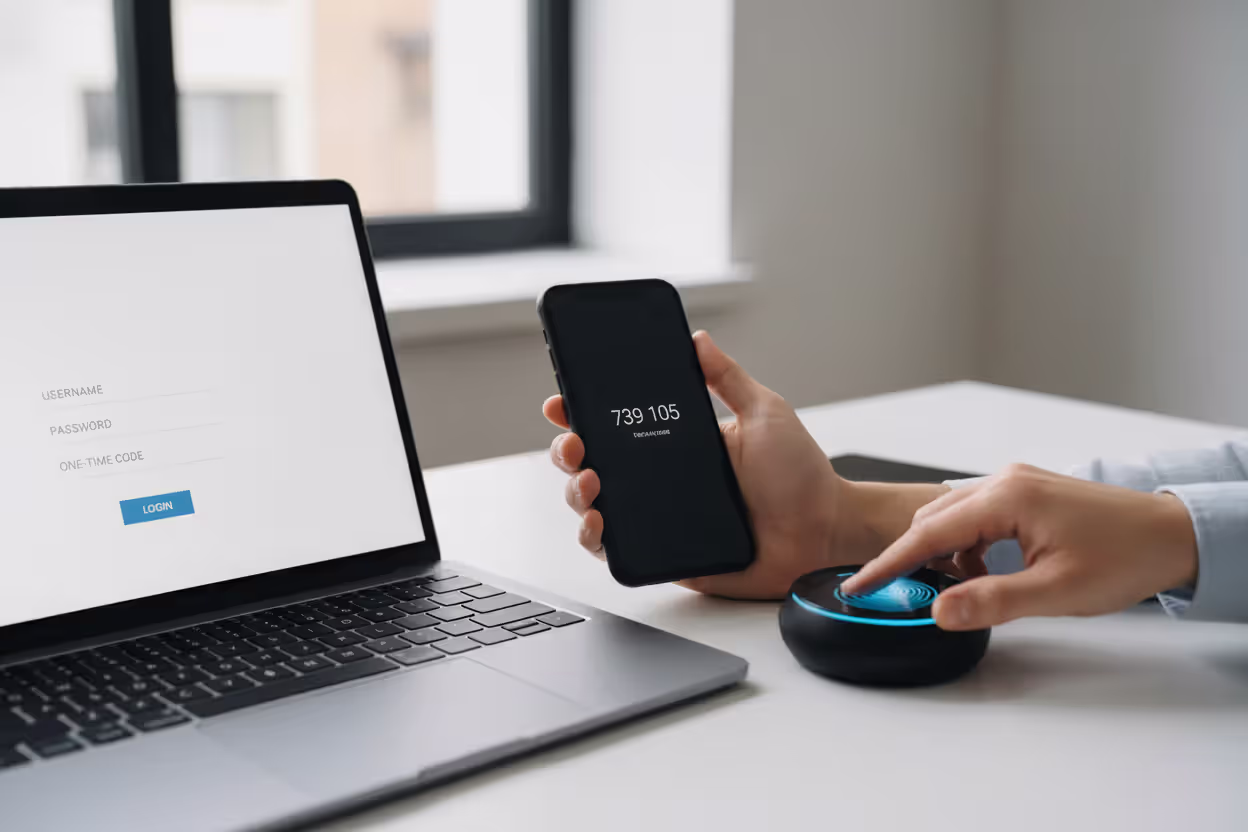 Multi-factor authentication using laptop, smartphone code, and fingerprint verification