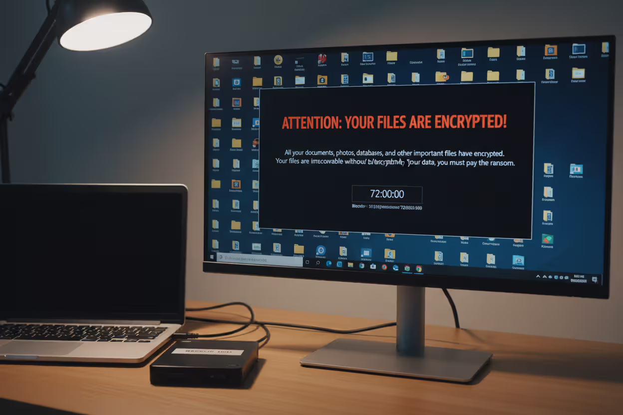 Ransomware attack concept with locked files and offline backup drive