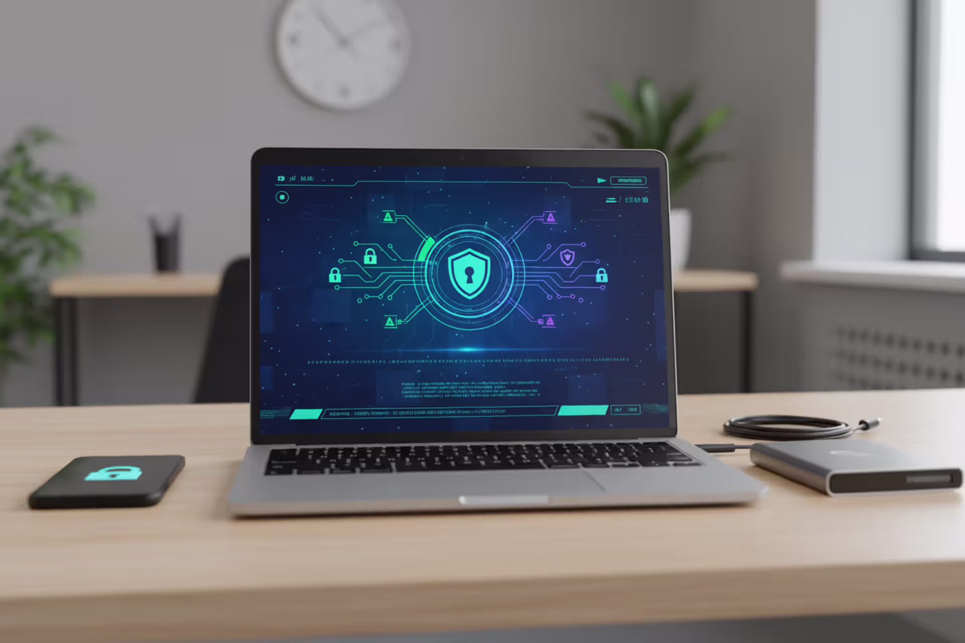 Computer security workspace with laptop, smartphone, and data protection icons
