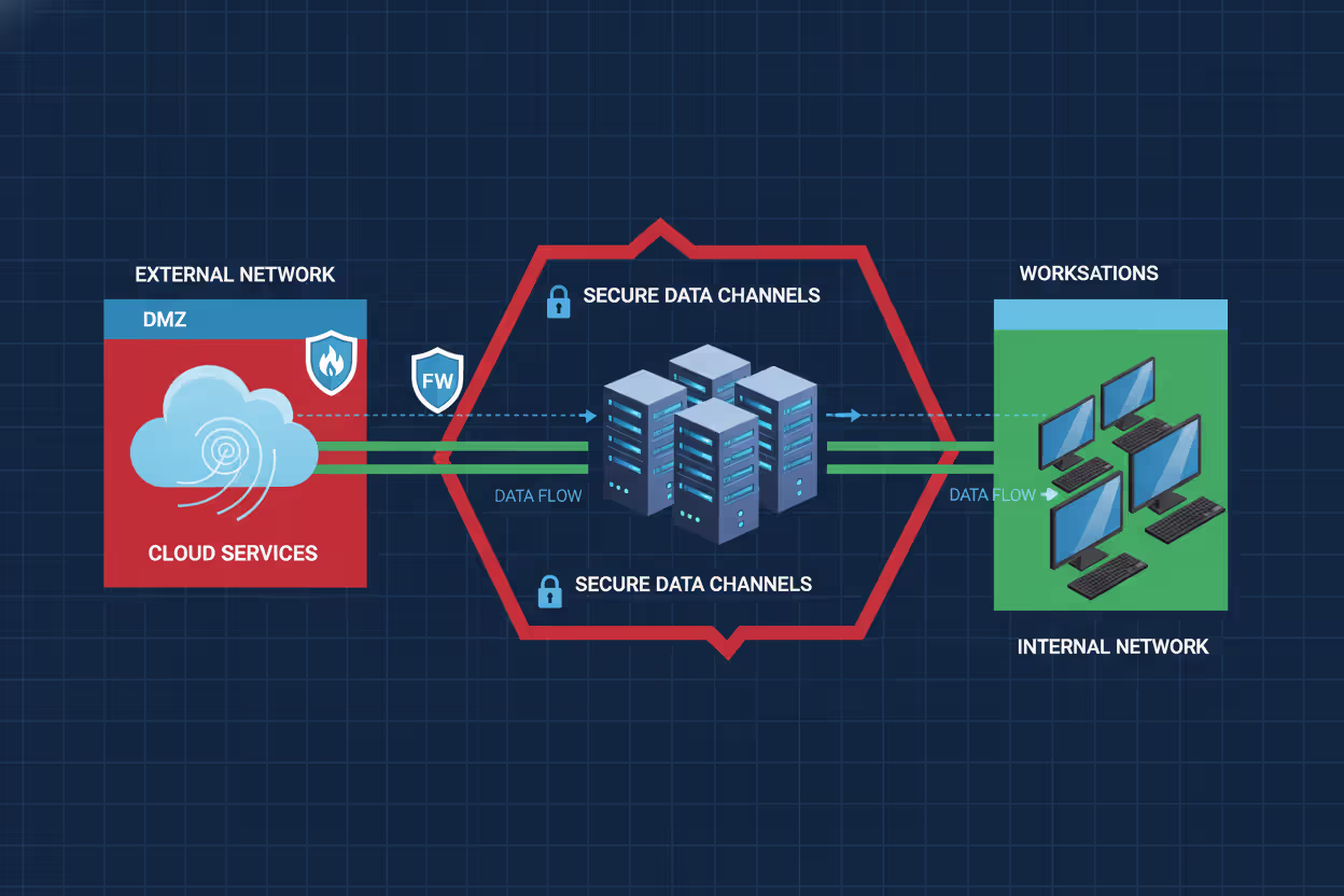 Segmented enterprise network protected by firewalls and secure connections