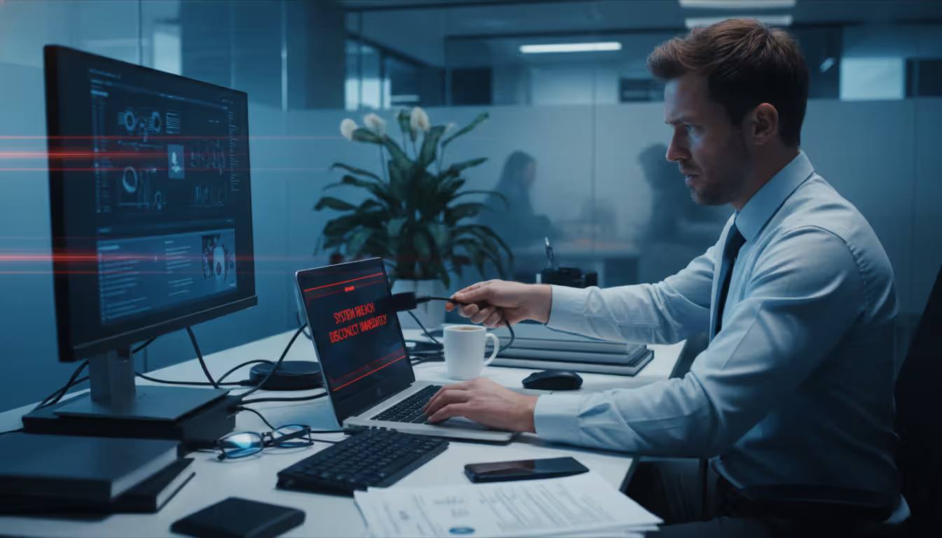 IT worker disconnecting a potentially compromised laptop from the network
