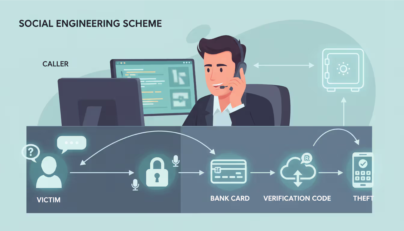 Scammer on a phone call targeting passwords, payment data, remote access, and verification codes