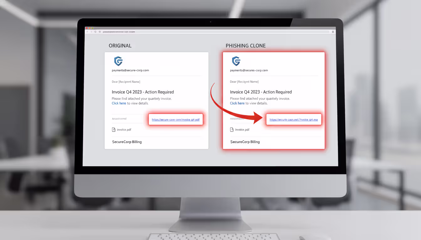 Two nearly identical emails illustrating a malicious link swap in a clone phishing attack