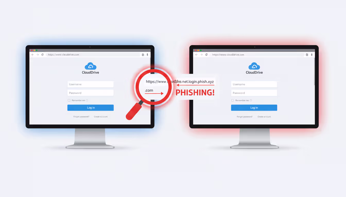Comparison of legitimate and fake login pages with different URLs