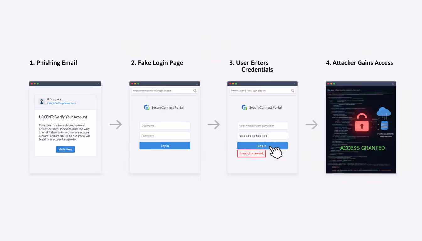 Phishing attack flow from fake email to stolen credentials and account access