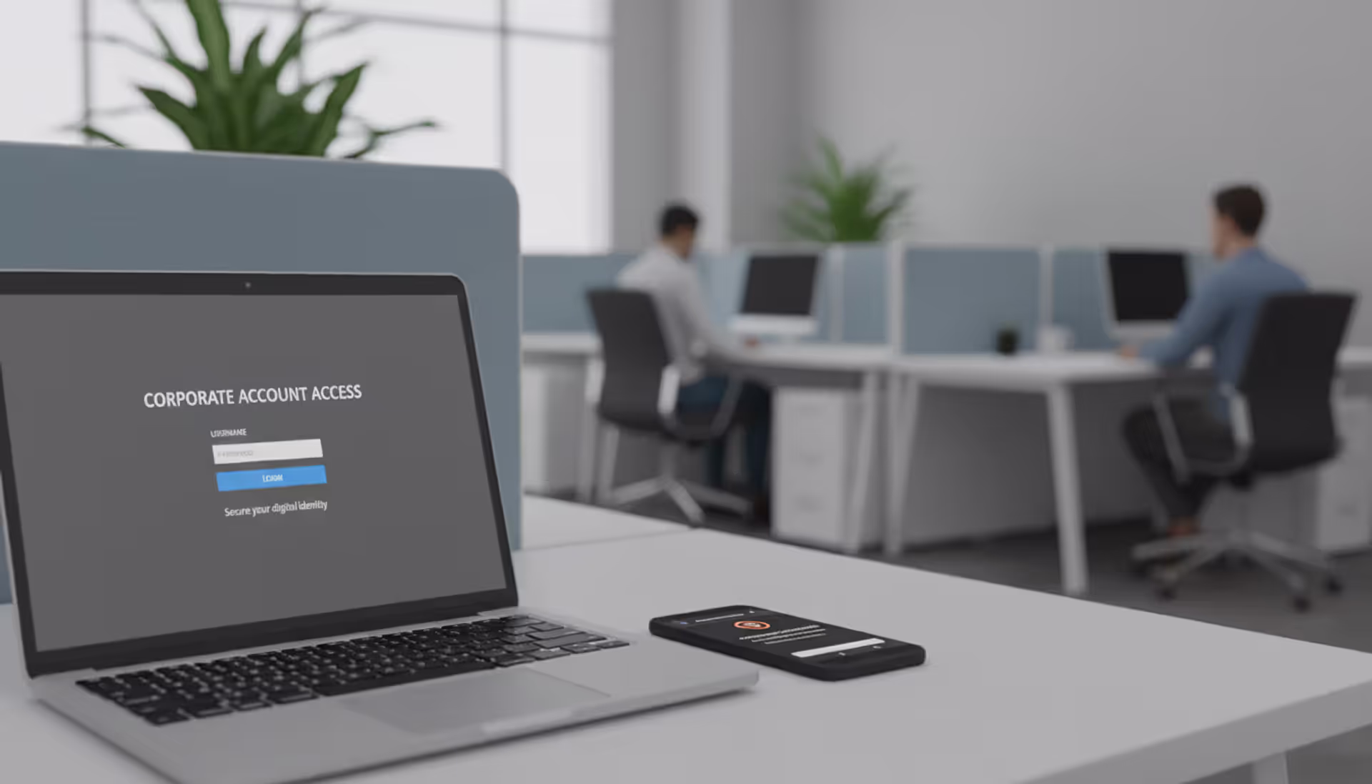 Employee workstation with laptop login screen and suspicious mobile message
