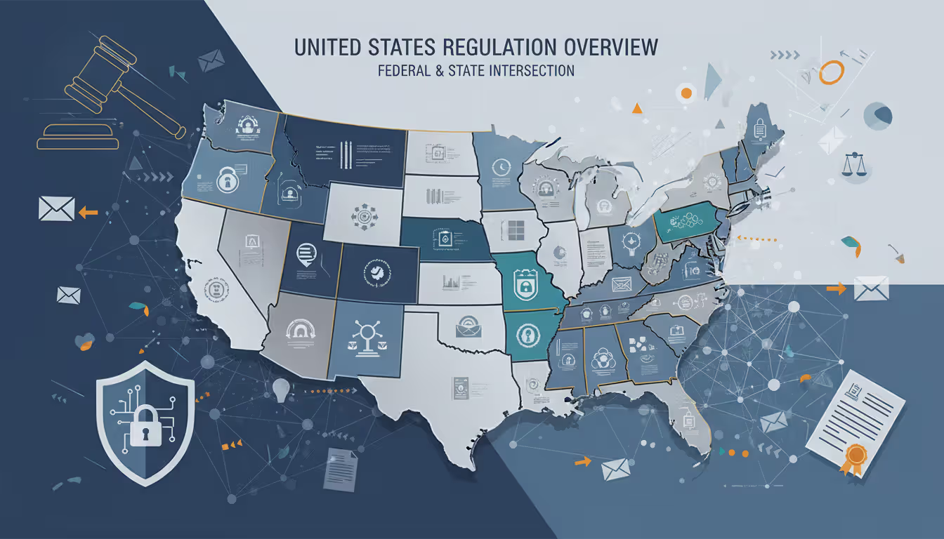 Map of the United States with legal and cybersecurity symbols representing federal and state phishing laws
