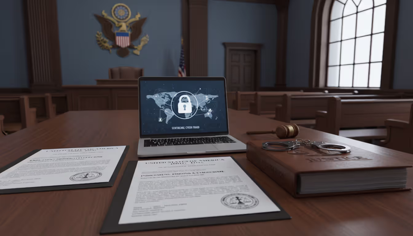 Federal courtroom scene representing criminal penalties for phishing offenses
