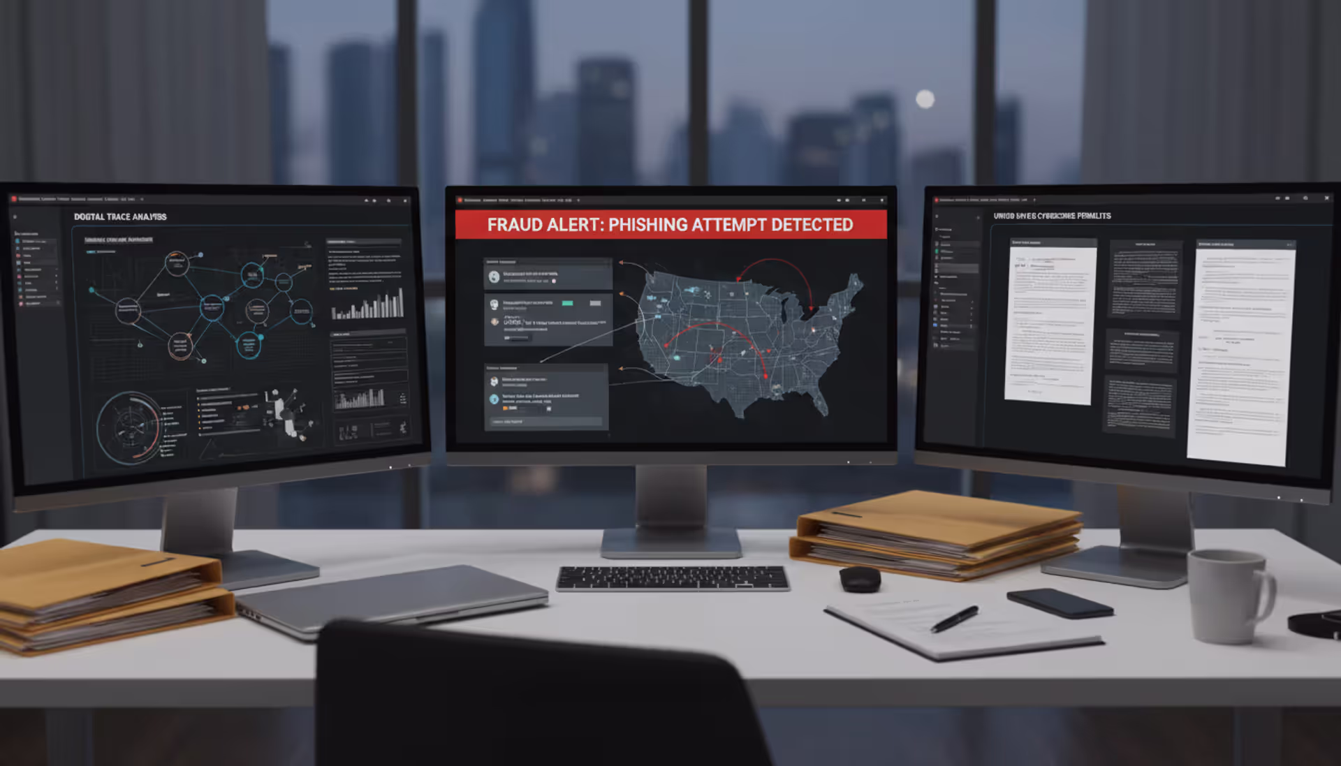 Cybercrime investigation workspace with phishing email analysis and legal enforcement theme