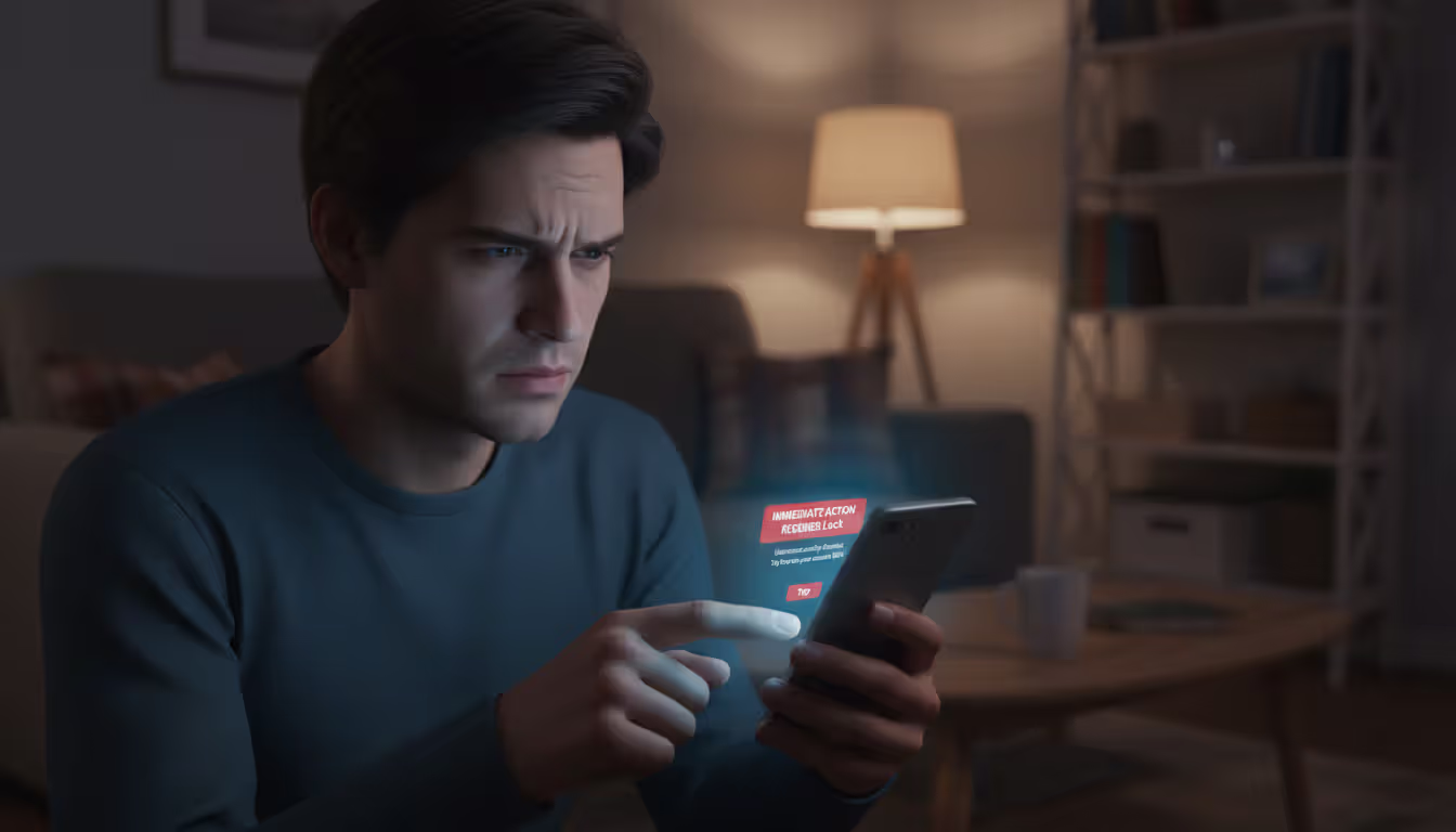 Person reacting to an urgent phishing notification on a smartphone at night