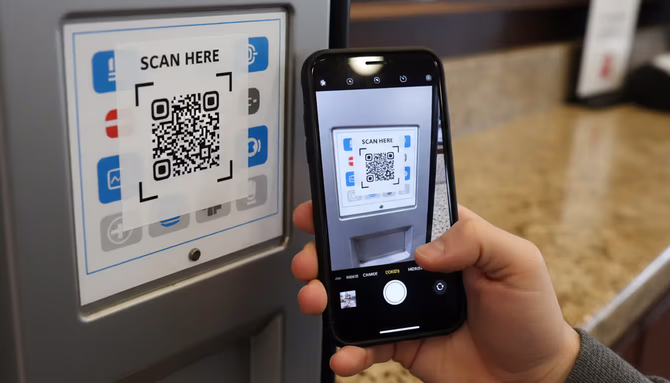 Smartphone scanning a suspicious QR code sticker placed over a legitimate code