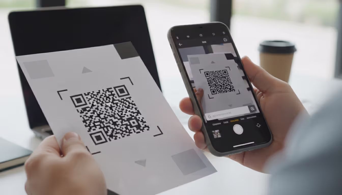 Phone scanning a QR code that leads to a fake login webpage