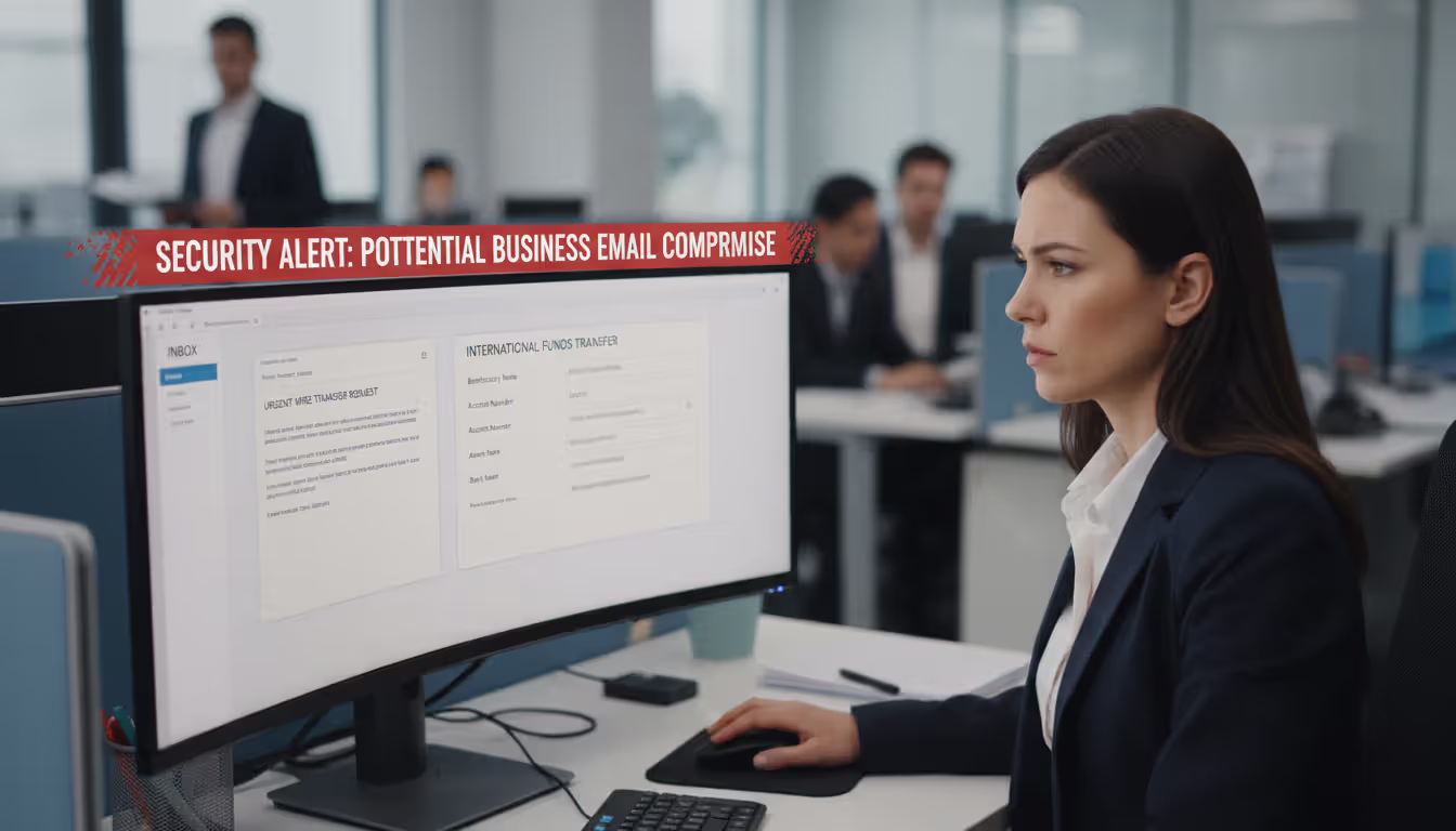 Finance employee reviewing an urgent fraudulent wire transfer email