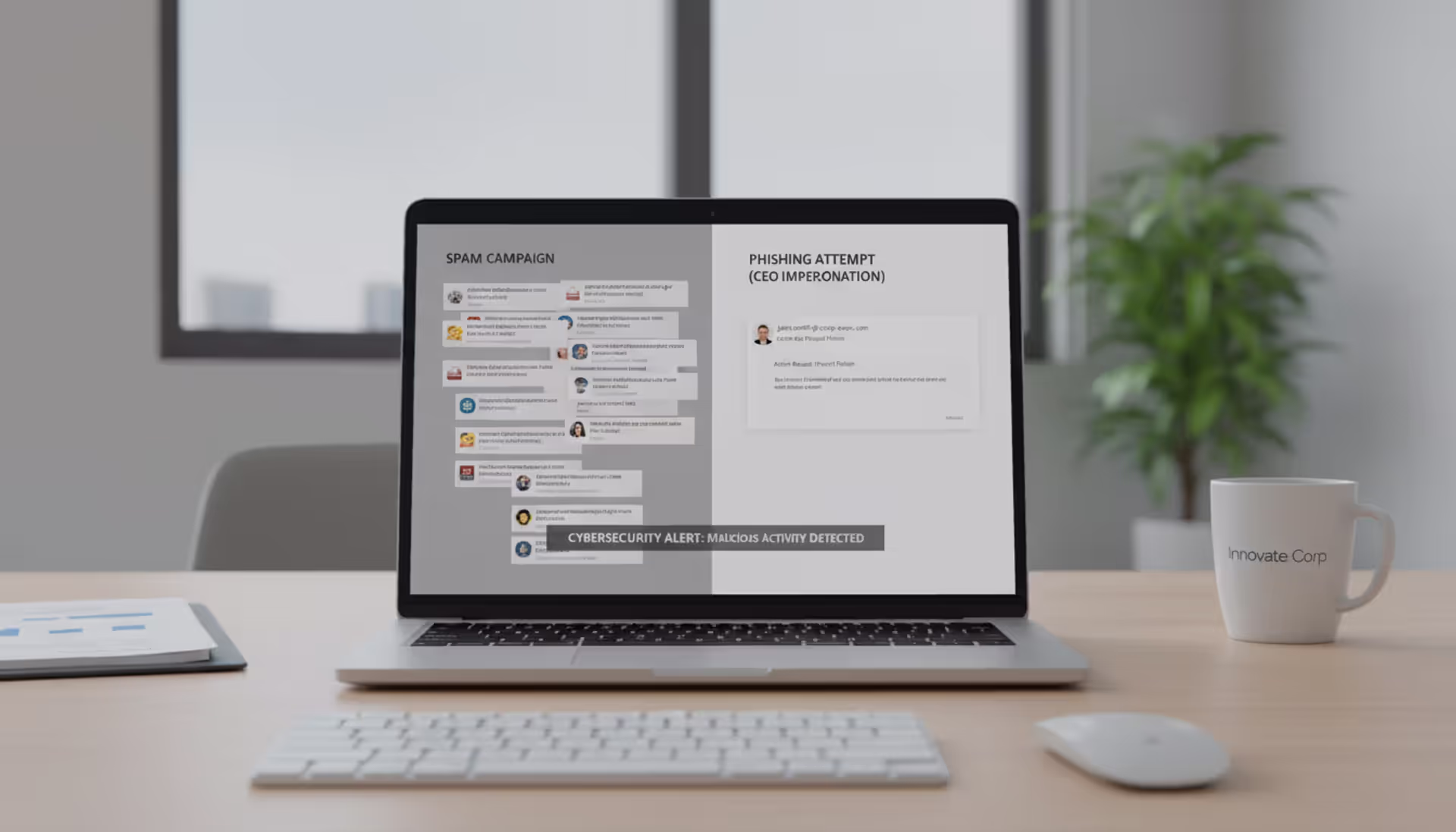 Corporate email security concept showing phishing and business email compromise comparison