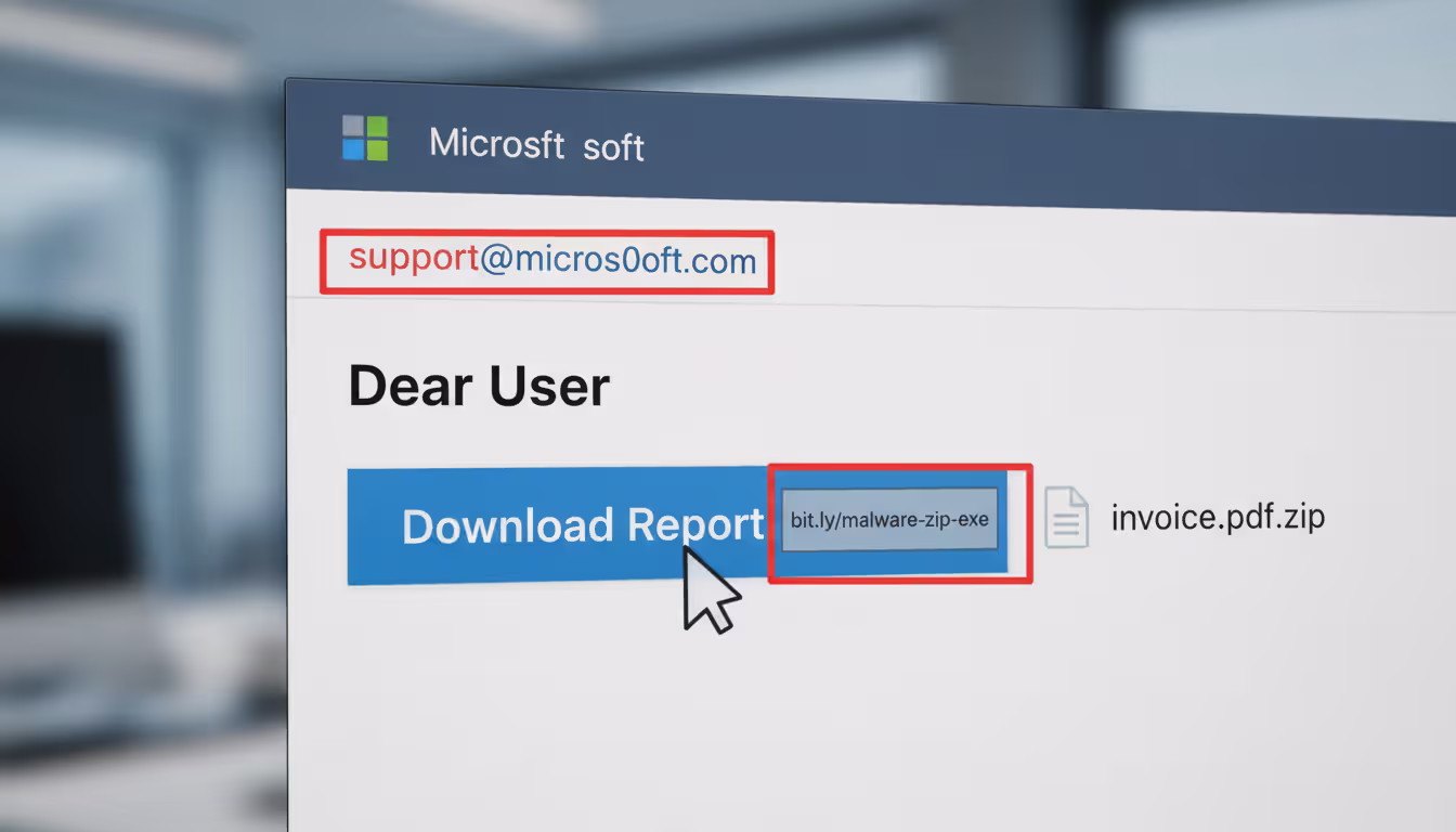 Close-up of a phishing email showing fake sender address and suspicious link