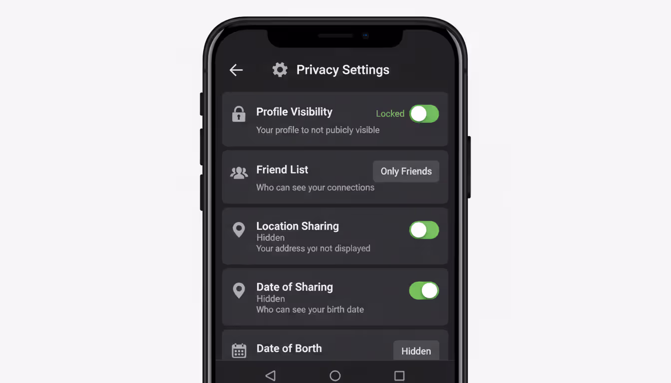 Diagram: smartphone privacy settings screen, icons of locked profile, friends circle, hidden address, hidden birth date