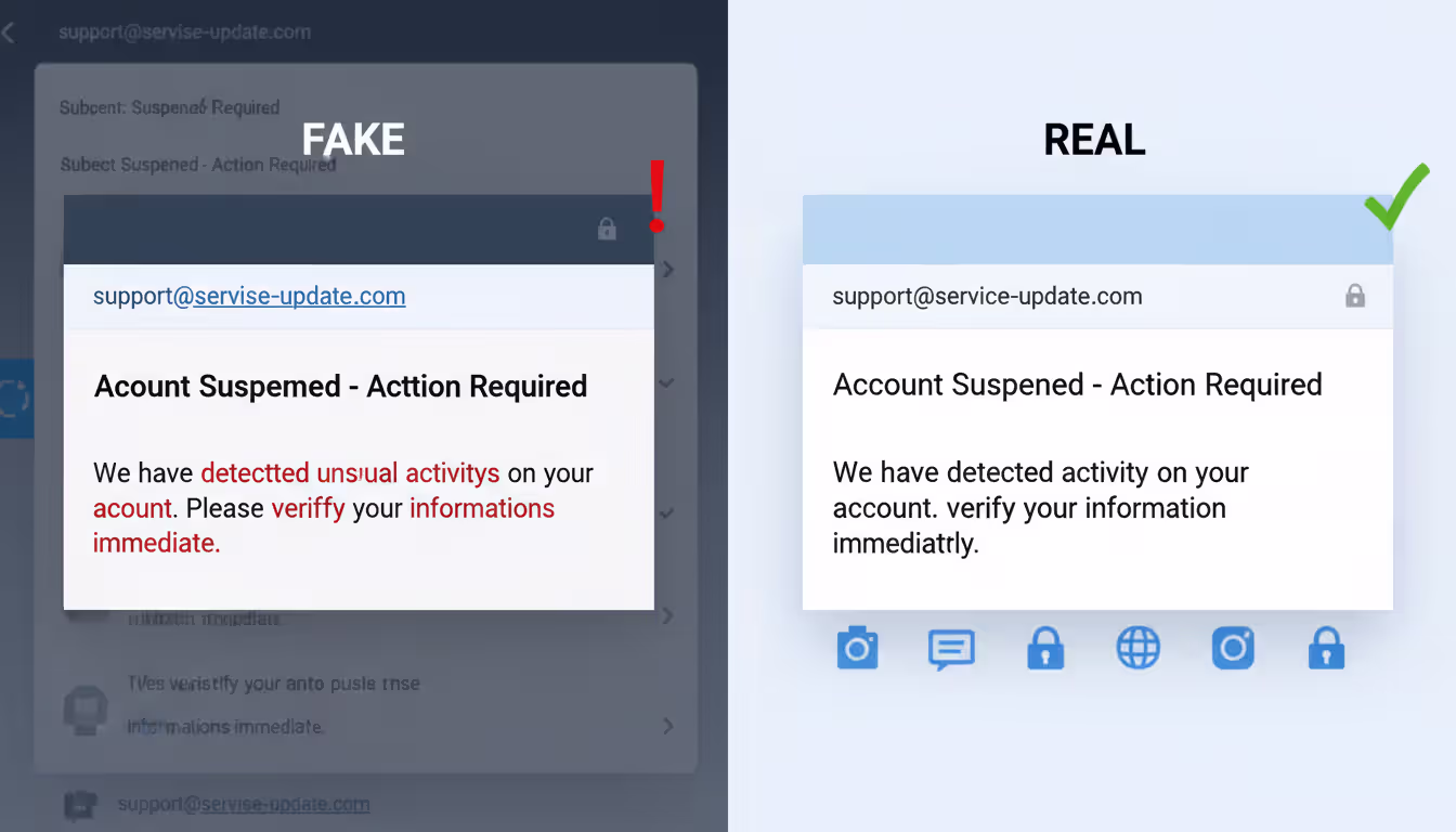 comparison of fake and real email notifications, highlighting domain and spelling differences, no brand logos, no Russian text