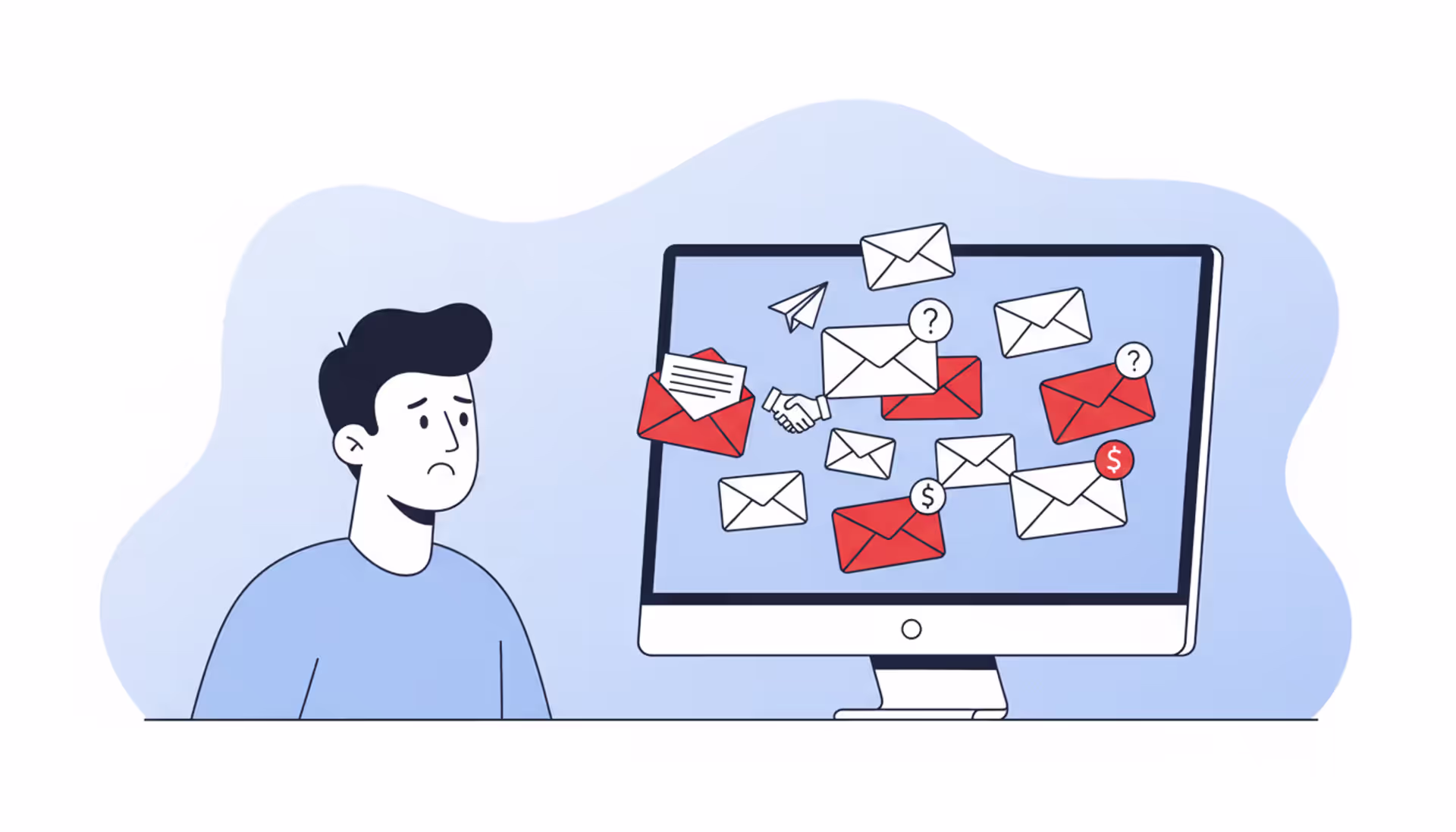 man or woman looking at a computer, alert email icons, some marked red, facial expression wary, no text in Russian