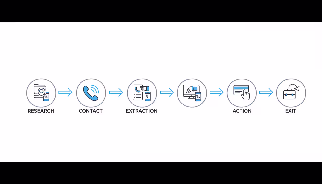 Diagram showing vishing attack stages: research, contact, extraction, action, exit