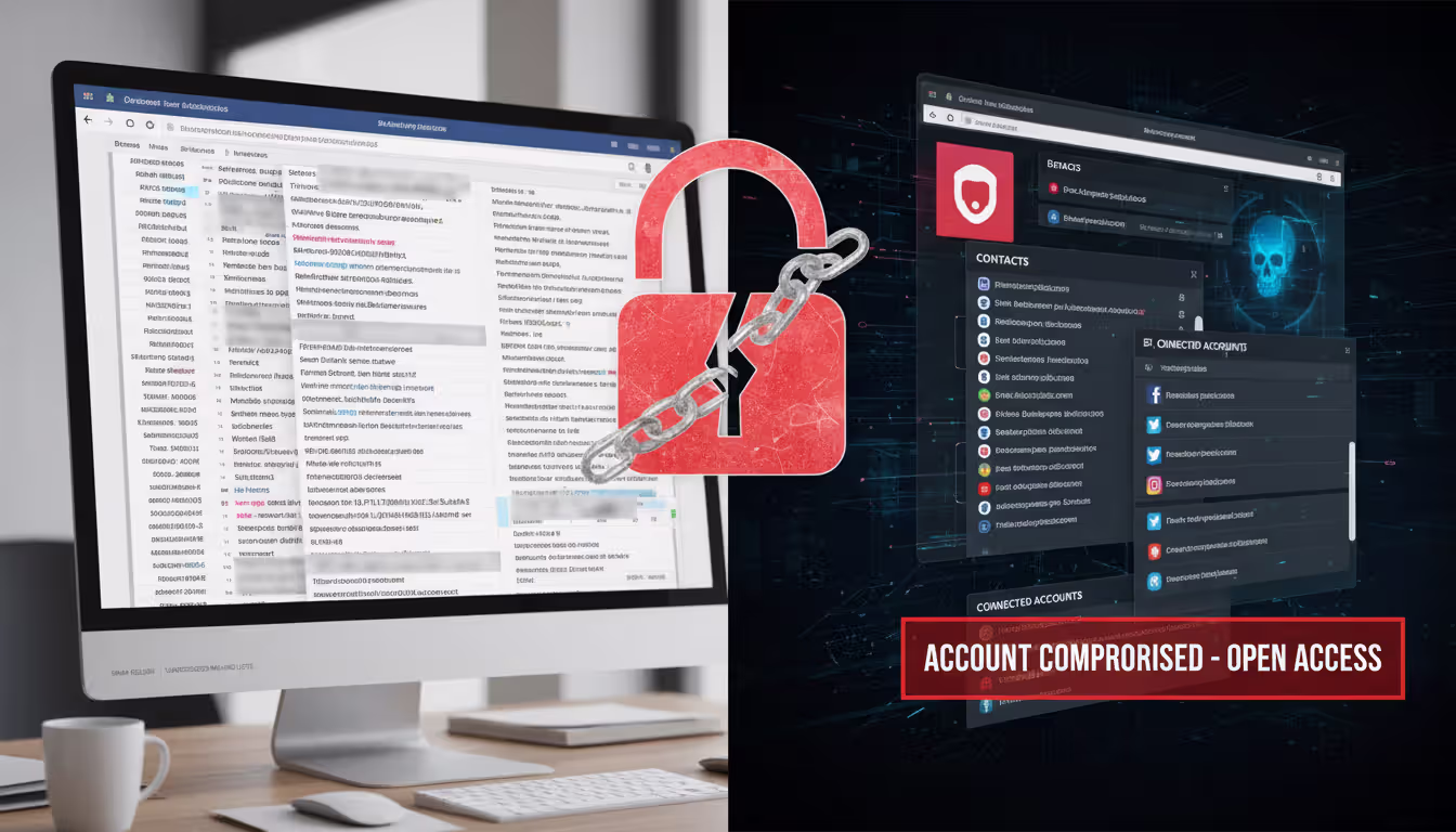 Split image: left side shows spam emails, right side shows hacked email account with access to contacts