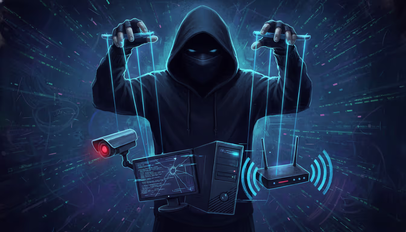 Hooded hacker controlling puppeteering lines attaching to devices, no Russian text present.