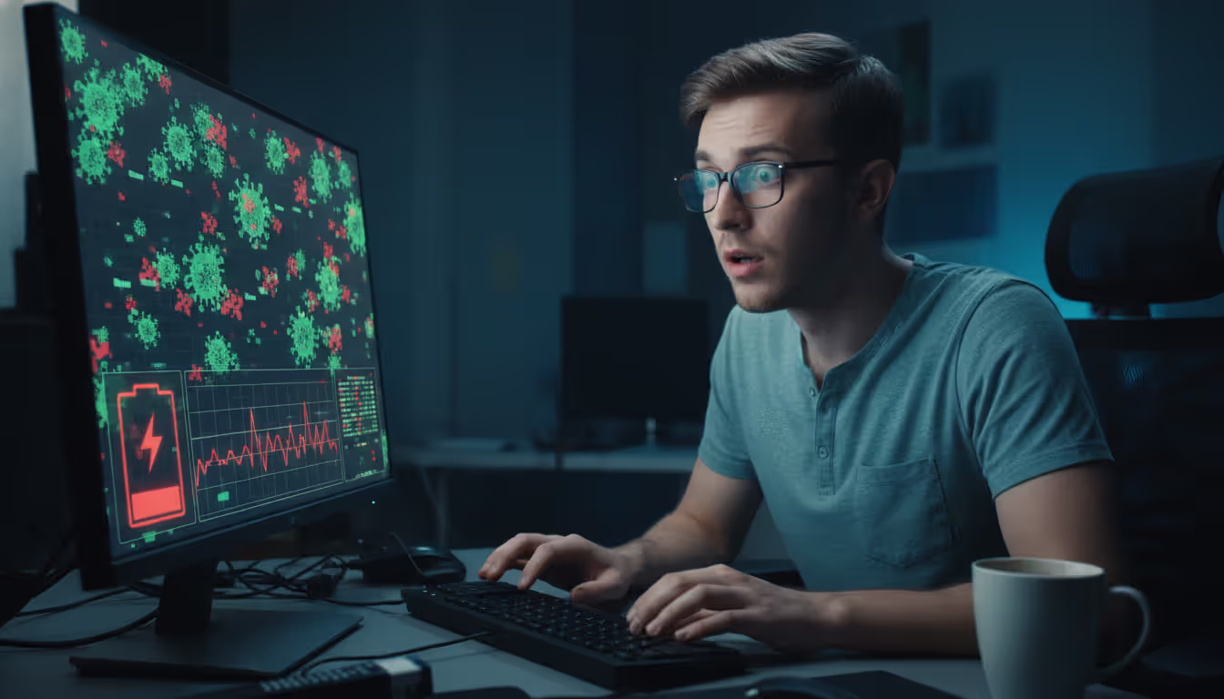User looking at monitor showing virus icons and CPU load chart, no Russian text shown.