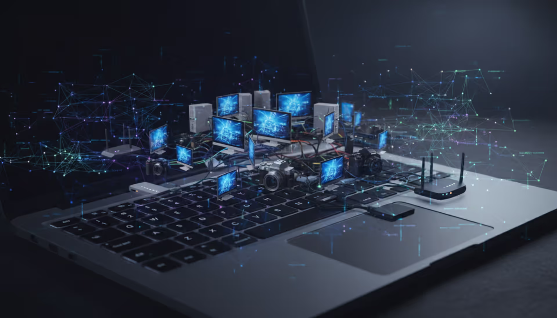Collage of computers, cameras, routers, forming a digital network