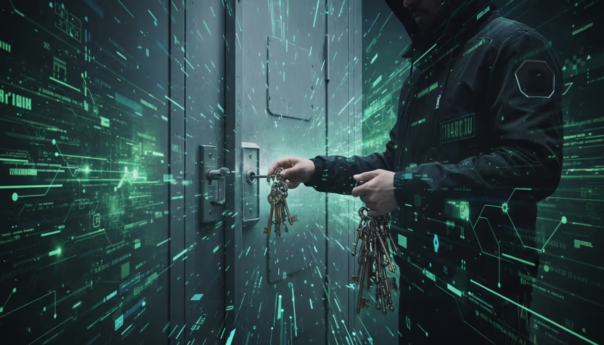 Person with a keyring at a locked front door, digital background, hacker motif