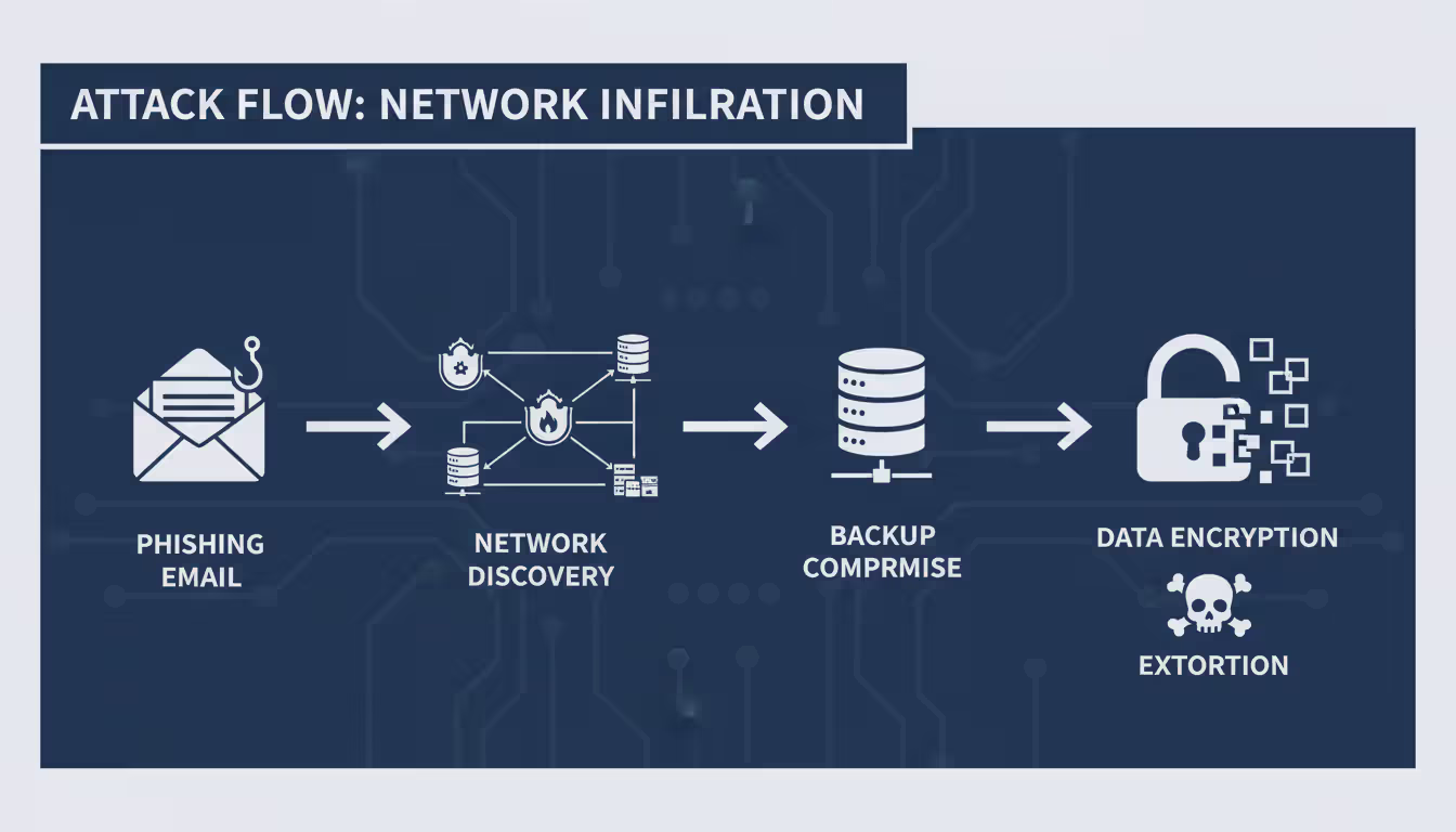 Infographic of ransomware attack stages and backup compromise