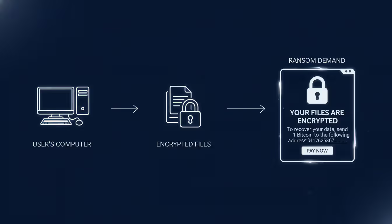 Diagram of ransomware process, user, encrypted file, ransom note