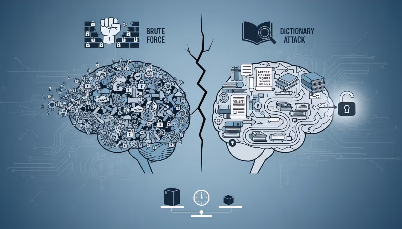 Comparison of brute force and dictionary attack methods as a mind map with icons only