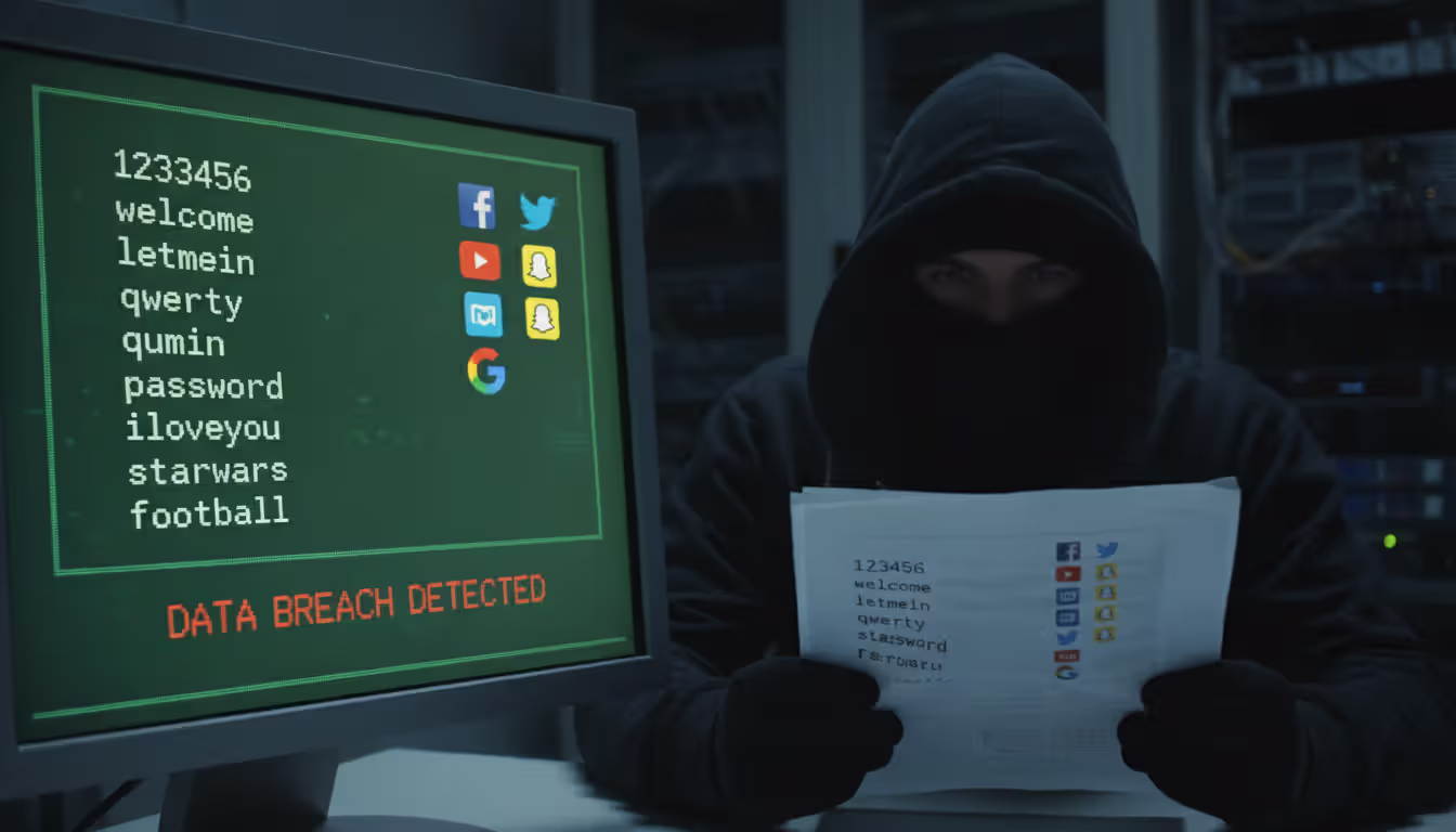 Hacker holding printout of common passwords while popular service logos are displayed