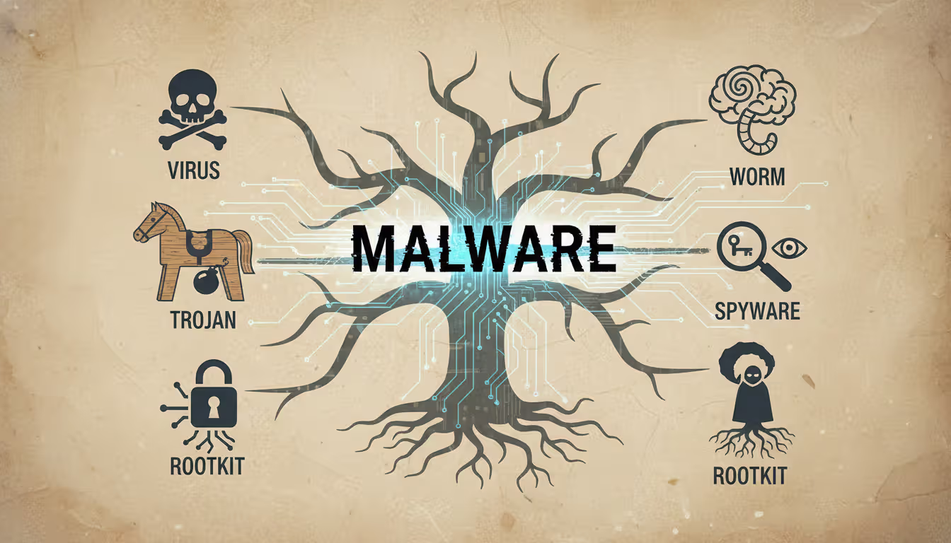 Malware family tree diagram showing branches for virus, trojan, worm, spyware, rootkit